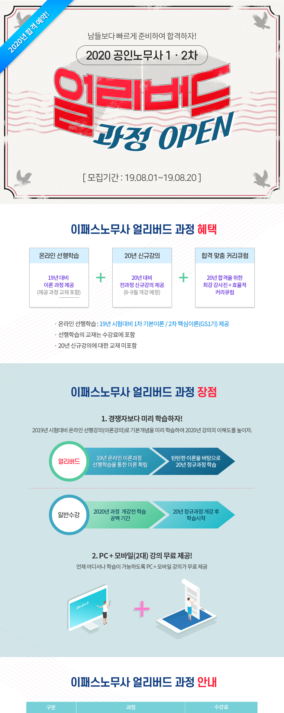 2020 공인노무사 1,2차 얼리버드 과정 OPEN